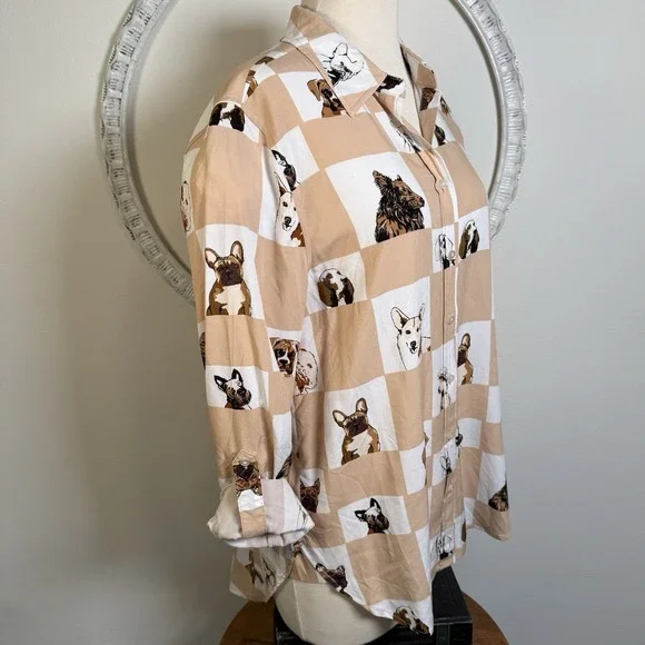 Jane and Delancey Dog Print Button Up Shirt Womens Frenchie Poodle Corgy Med Art - Picture 7 of 16